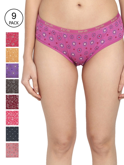 

Fleurt Women Pack Of 9 Assorted Pure Cotton Hipster Briefs