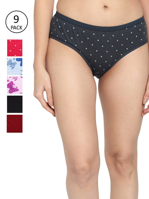 

Fleurt Women Pack Of 9 Assorted Pure Cotton Hipster Briefs