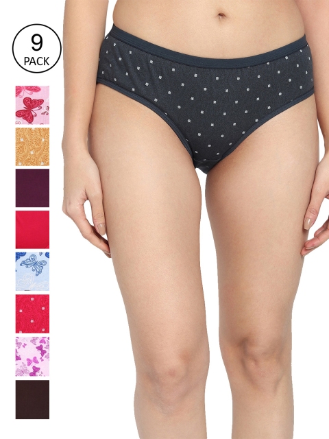 

Fleurt Women Pack Of 9 Assorted Pure Cotton Hipster Briefs