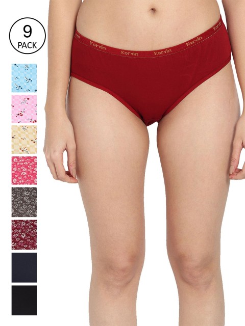 

Fleurt Women Pack Of 9 Assorted Pure Cotton Hipster Briefs