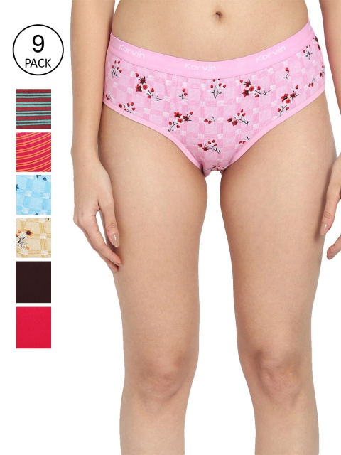 

Fleurt Women Pack Of 9 Assorted Pure Cotton Hipster Briefs