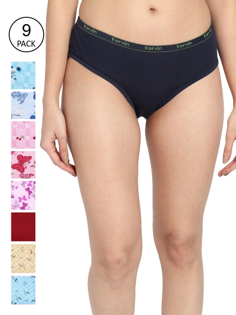 

Fleurt Women Pack Of 9 Assorted Pure Cotton Hipster Briefs