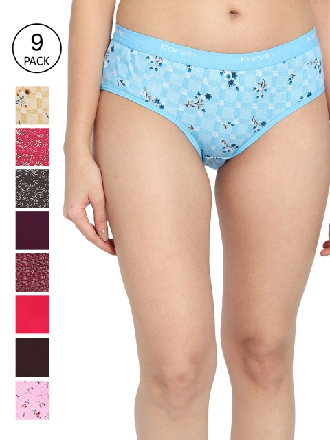

Fleurt Women Pack Of 9 Assorted Pure Cotton Hipster Briefs