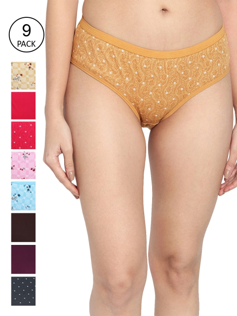 

Fleurt Women Pack Of 9 Assorted Pure Cotton Hipster Briefs