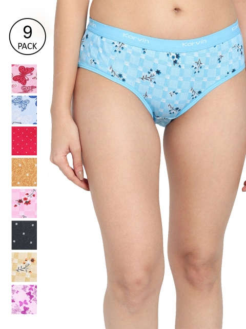 

Fleurt Women Pack Of 9 Assorted Pure Cotton Hipster Briefs