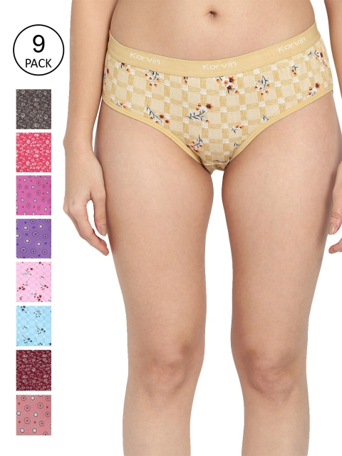 

Fleurt Women Pack Of 9 Assorted Pure Cotton Hipster Briefs Fleurt-PT9-09S/M