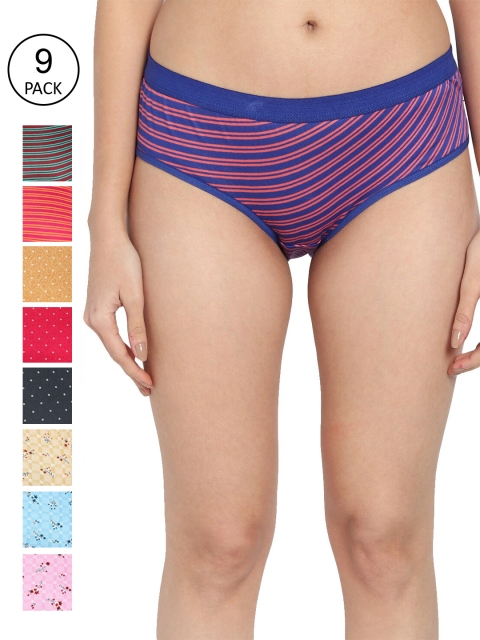 

Fleurt Women Pack Of 9 Assorted Pure Cotton Hipster Briefs