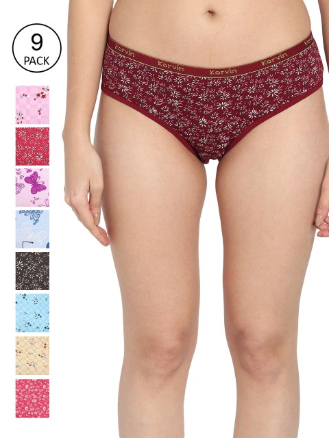 

Fleurt Women Pack of 9 Assorted Pure Cotton Hipster Briefs Fleurt
