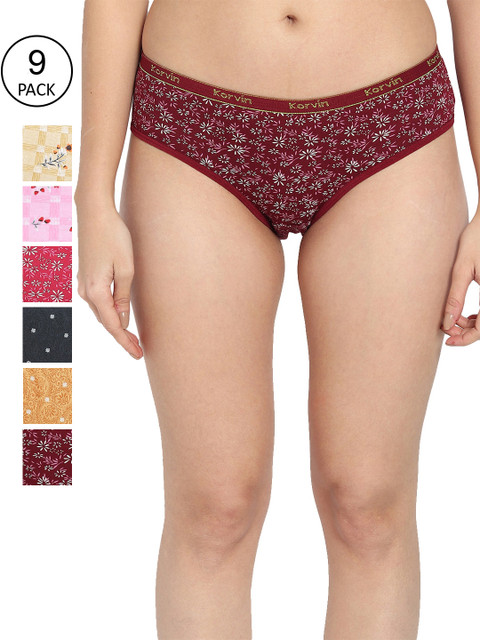 

Fleurt Women Pack Of 9 Assorted Pure Cotton Hipster Briefs