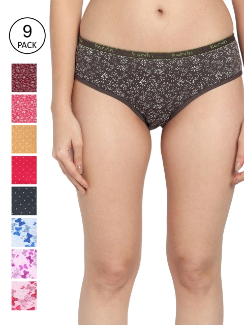 

Fleurt Women Pack Of 9 Assorted Pure Cotton Hipster Briefs