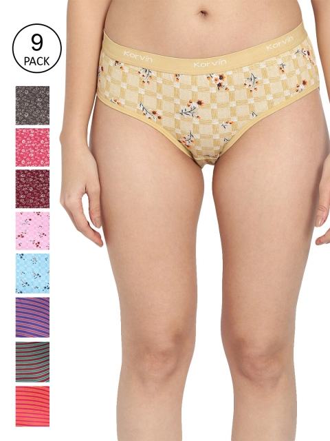 

Fleurt Women Pack Of 9 Assorted Pure Cotton Hipster Briefs