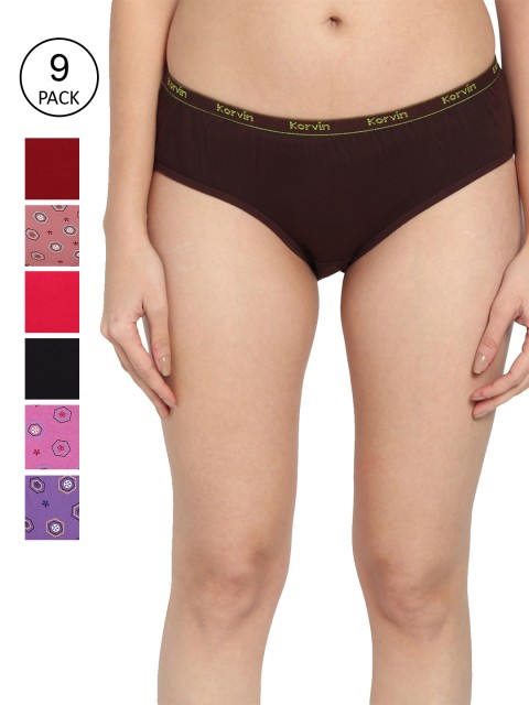

Fleurt Women Pack Of 9 Assorted Pure Cotton Hipster Briefs