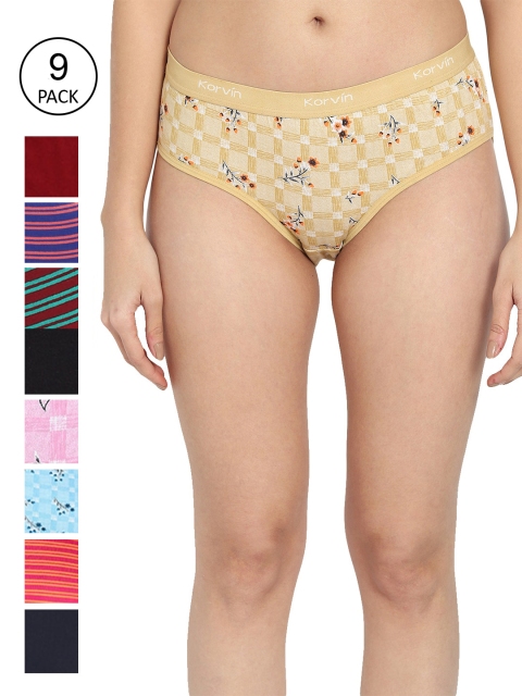 

Fleurt Women Pack Of 9 Assorted Pure Cotton Hipster Briefs