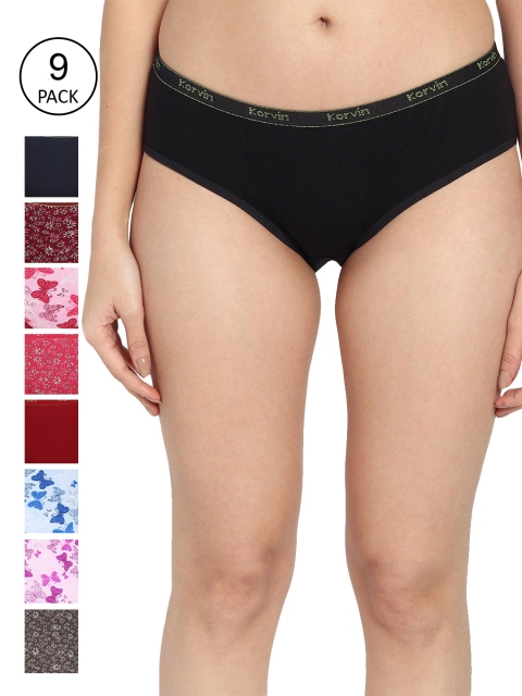 

Fleurt Women Pack of 9 Assorted Pure Cotton Hipster Briefs