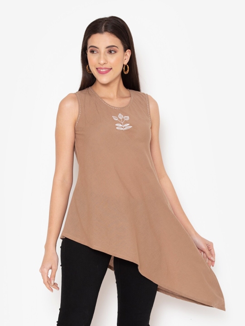 

Ekmatra Brown Embroidered High-Low Longline Cotton Top