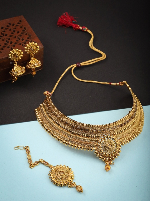 

ANIKAS CREATION Gold-Plated Stone Studded & Beaded Jewellery Set