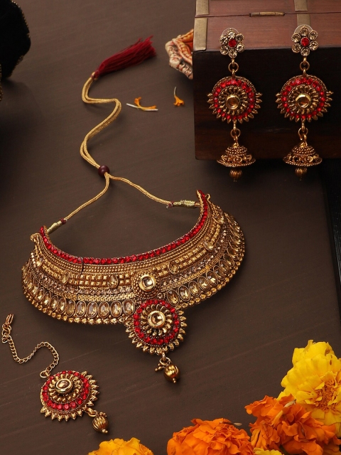

ANIKAS CREATION Gold-Plated Red Stone-Studded Beaded Jewellery Set
