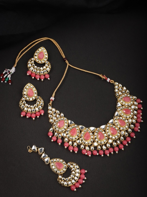 

ANIKAS CREATION Gold-Plated White & Pink Kundan-Studded Beaded Jewellery Set