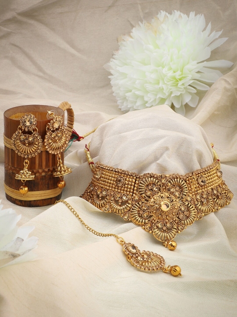 

ANIKAS CREATION Gold-Plated Beige Stone-Studded Jewellery Set