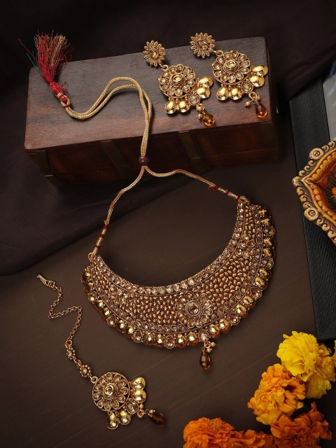 

ANIKAS CREATION Gold-Plated Stone-Studded Beaded Jewellery Set