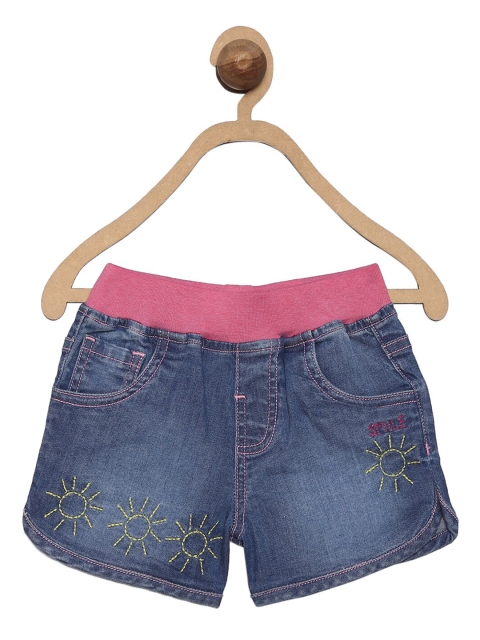 

612 league Girls Blue Washed Denim Shorts With Thread Work Detail
