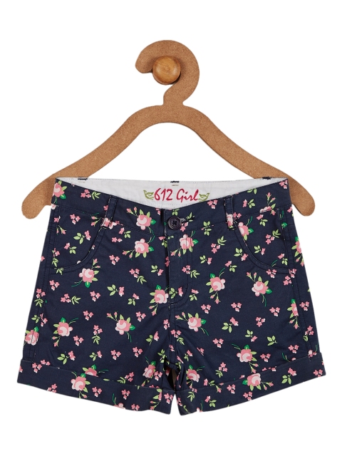 

612 league Girls Navy Blue Floral Printed Cotton Shorts