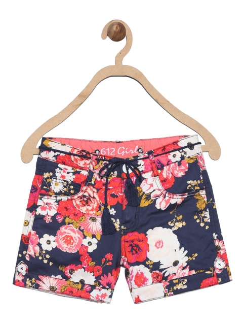 

612 league Girls Navy Blue Floral Printed Cotton Regular Fit Shorts