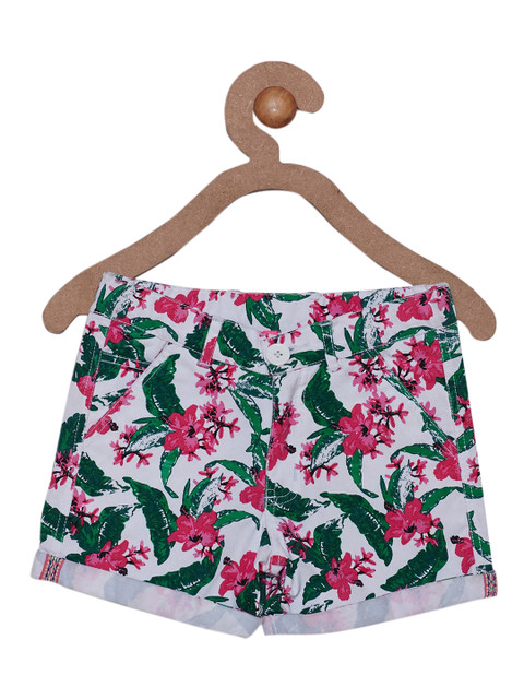 

612 league Girls White Floral Printed Regular Fit Cotton Shorts