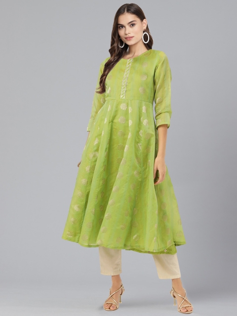 

Ahalyaa Green Woven Design Floral Chanderi Silk Jacquard Anarkali Kurta