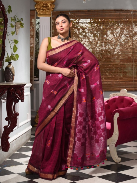 

Charukriti Magenta & Silver-Toned Woven Design Handwoven Pure Linen Saree