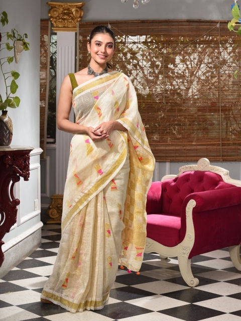 

Charukriti Off White & Gold-Toned Woven Design Pure Linen Saree