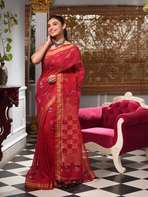 

Charukriti Red & Gold-Toned Woven Design Pure Linen Saree
