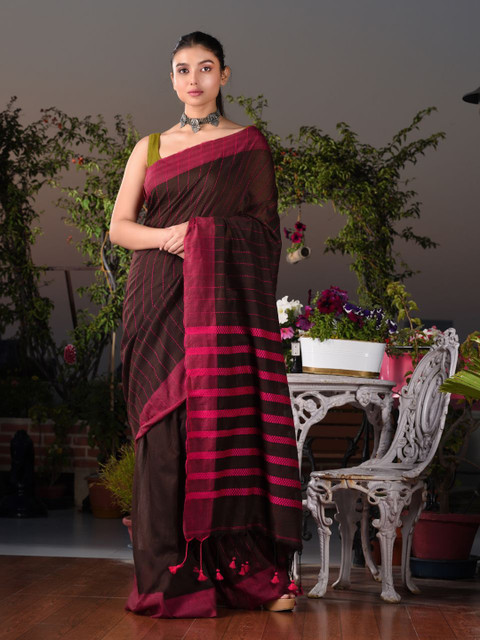 

Charukriti Brown & Magenta Striped Woven Design Pure Cotton Saree