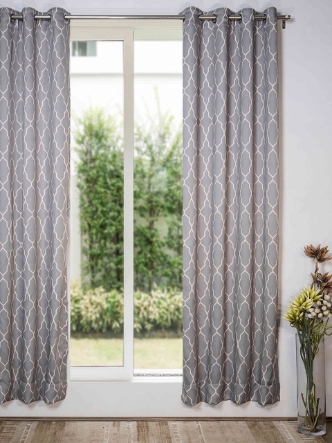 

SHIVANAA HOMES Grey & Cream-Coloured Geometric Room Darkening Long Door Curtain