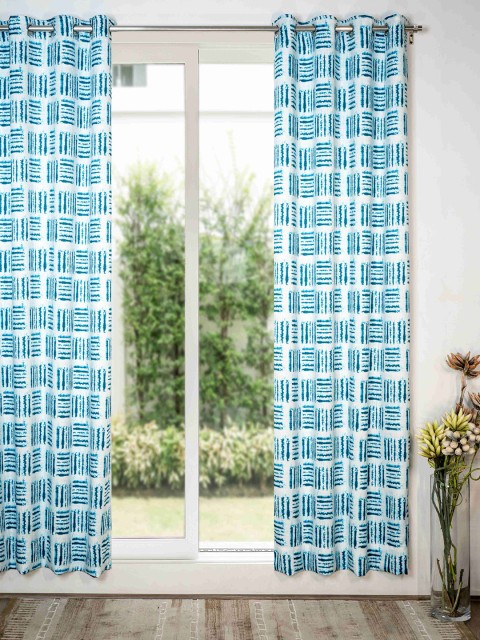 

SHIVANAA HOMES Blue & White Abstract Room Darkening Single Door Curtain