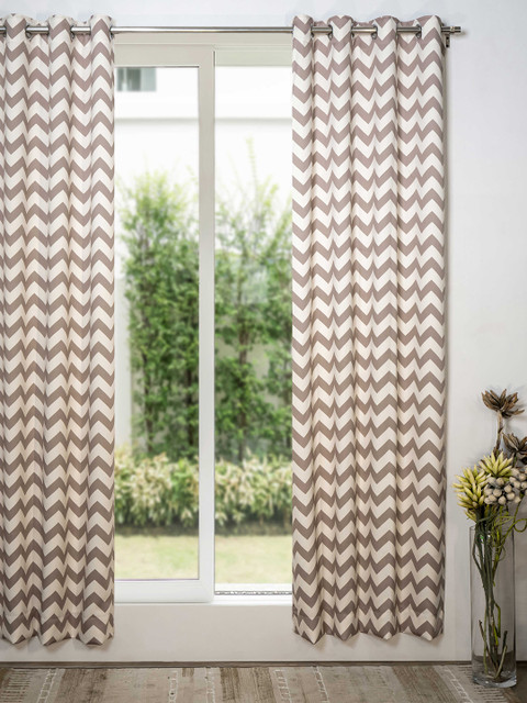 

SHIVANAA HOMES Grey & Off White Set Of 1 Geometric Room Darkening Long Door Curtain