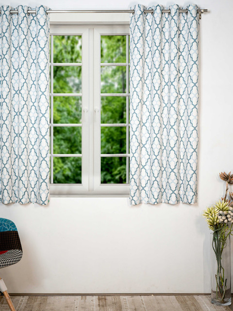 

SHIVANAA HOMES White & Teal Geometric Room Darkening Window Curtain