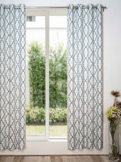 

SHIVANAA HOMES White & Blue Geometric Room Darkening Long Door Curtain