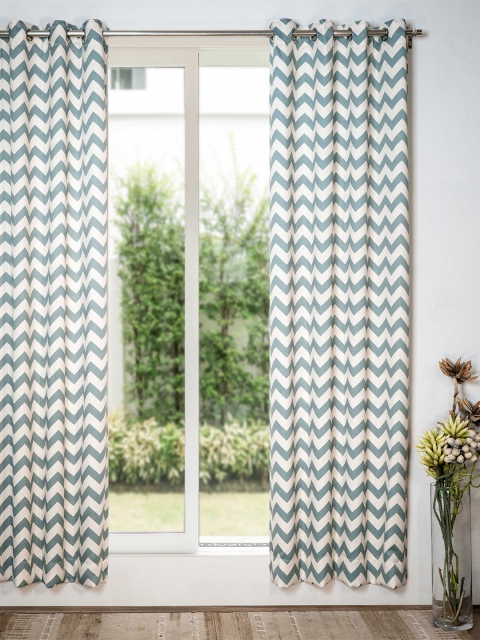 

SHIVANAA HOMES Green & White Geometric Printed Room Darkening Long Door Curtain