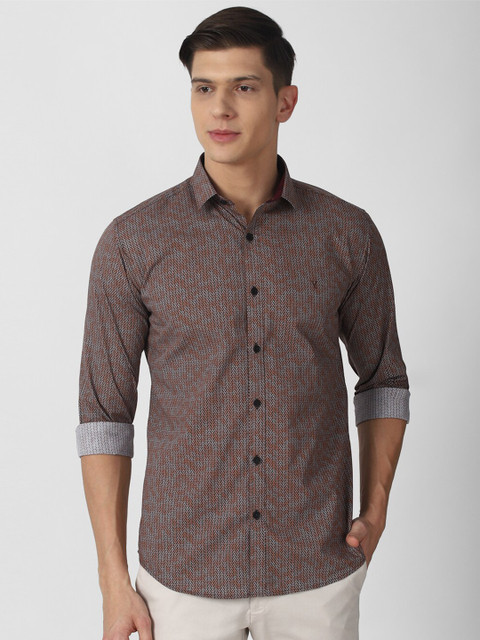 

V Dot Men Brown & Off White Slim Fit Printed Pure Cotton Casual Shirt