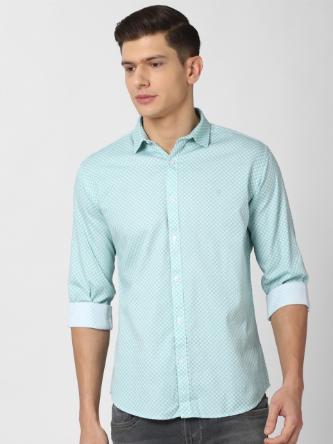 

V Dot Men Turquoise Blue Slim Fit Printed Casual Cotton Shirt
