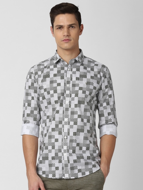 

V Dot Men Grey & White Slim Fit Printed Pure Cotton Casual Shirt