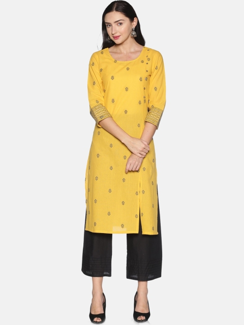 

Saffron Threads Women Yellow & Black Thread Work Dobby Pure Cotton Kurta