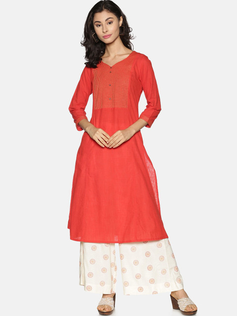 

Saffron Threads Women Orange Thread Work Solid Kurta