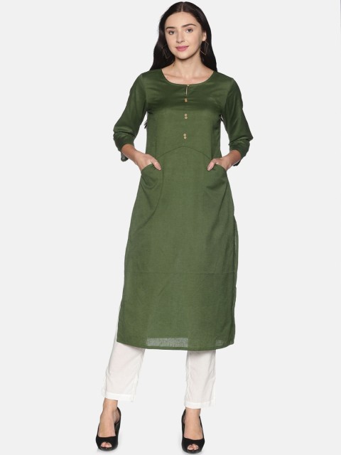 

Saffron Threads Women Green Cotton Linen Kurta