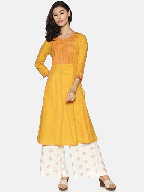 

Saffron Threads Women Mustard Yellow Yoke Design Dobby Anarkali Kurta