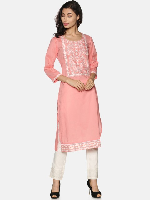 

Saffron Threads Women Peach-Coloured & White Yoke Design Chikankari Pure Cotton Kurta