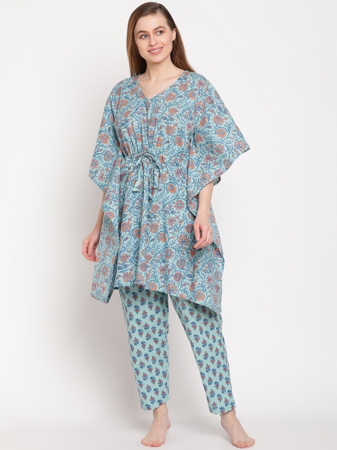 

TAG 7 Women Blue & Red Printed Kaftan Night suit