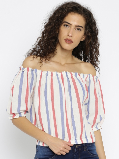 

Flying Machine Women Off-White Striped Off-Shoulder Pure Cotton Top