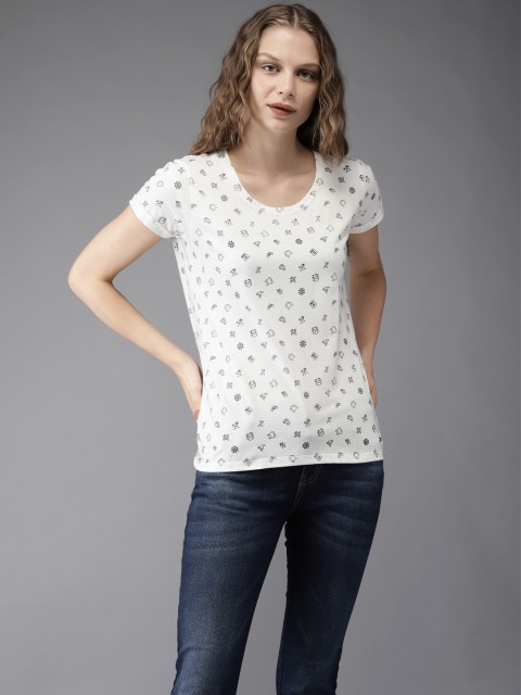 

Flying Machine Women White Printed Round Neck T-shirt
